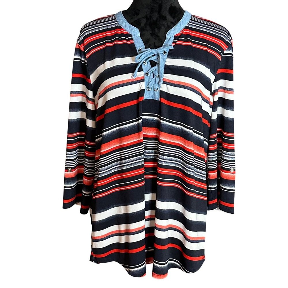 New Directions Top XL Striped Lace Up Neck Blue 3/4 Sleeve Tunic Blouse Coastal